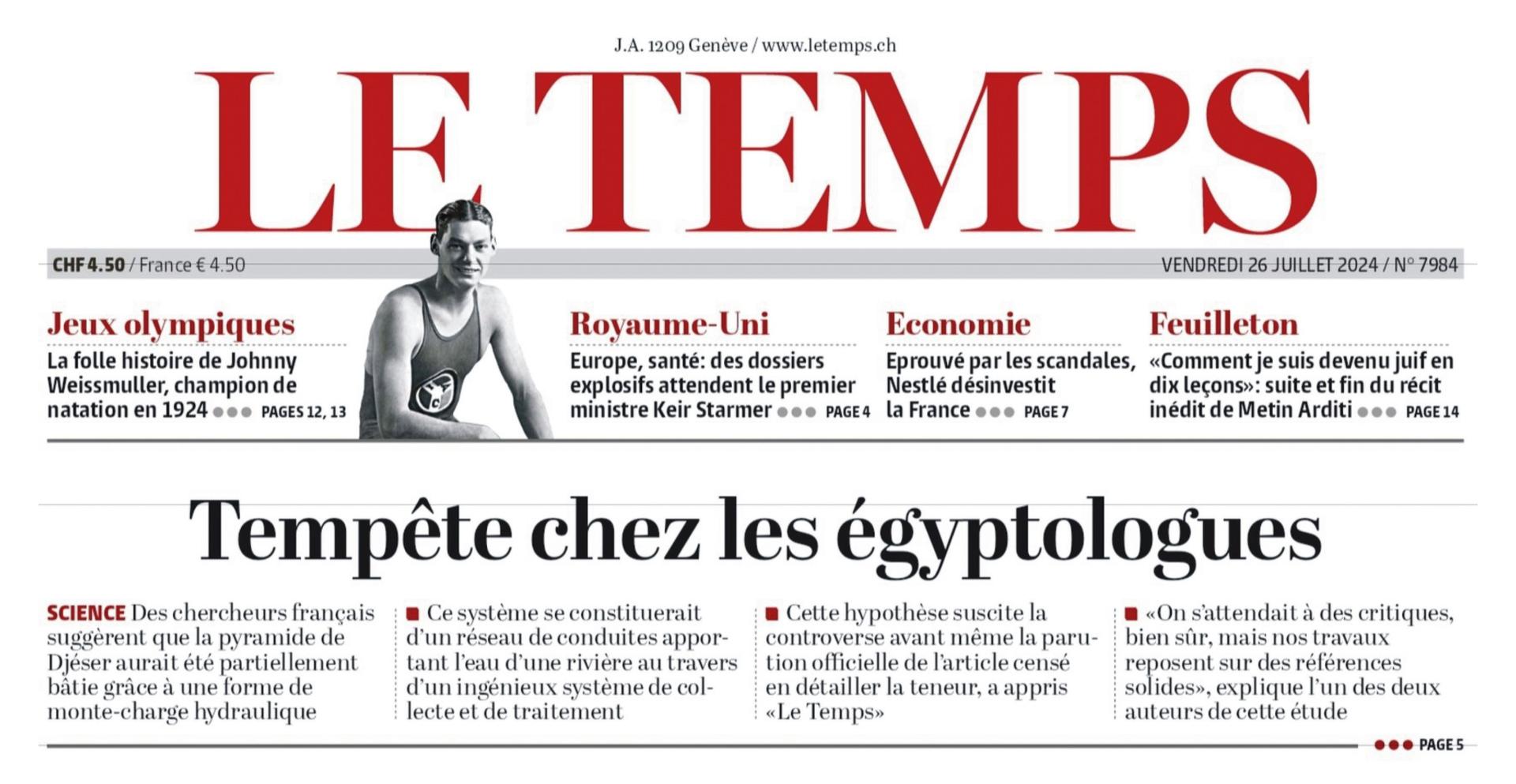 Une du journal le temps 26 07 2024 recadre